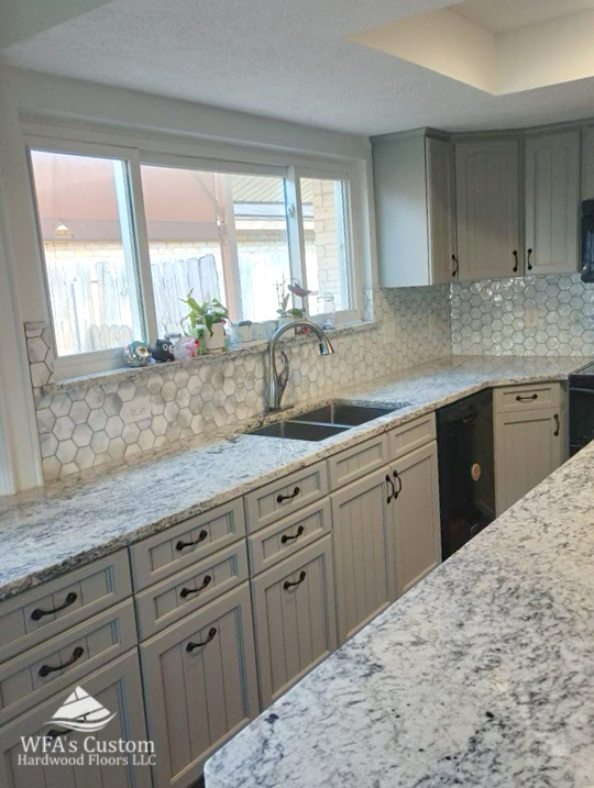 Octagon tile backsplash in kitchen, wfa's custom hardwood floors, houston texas
